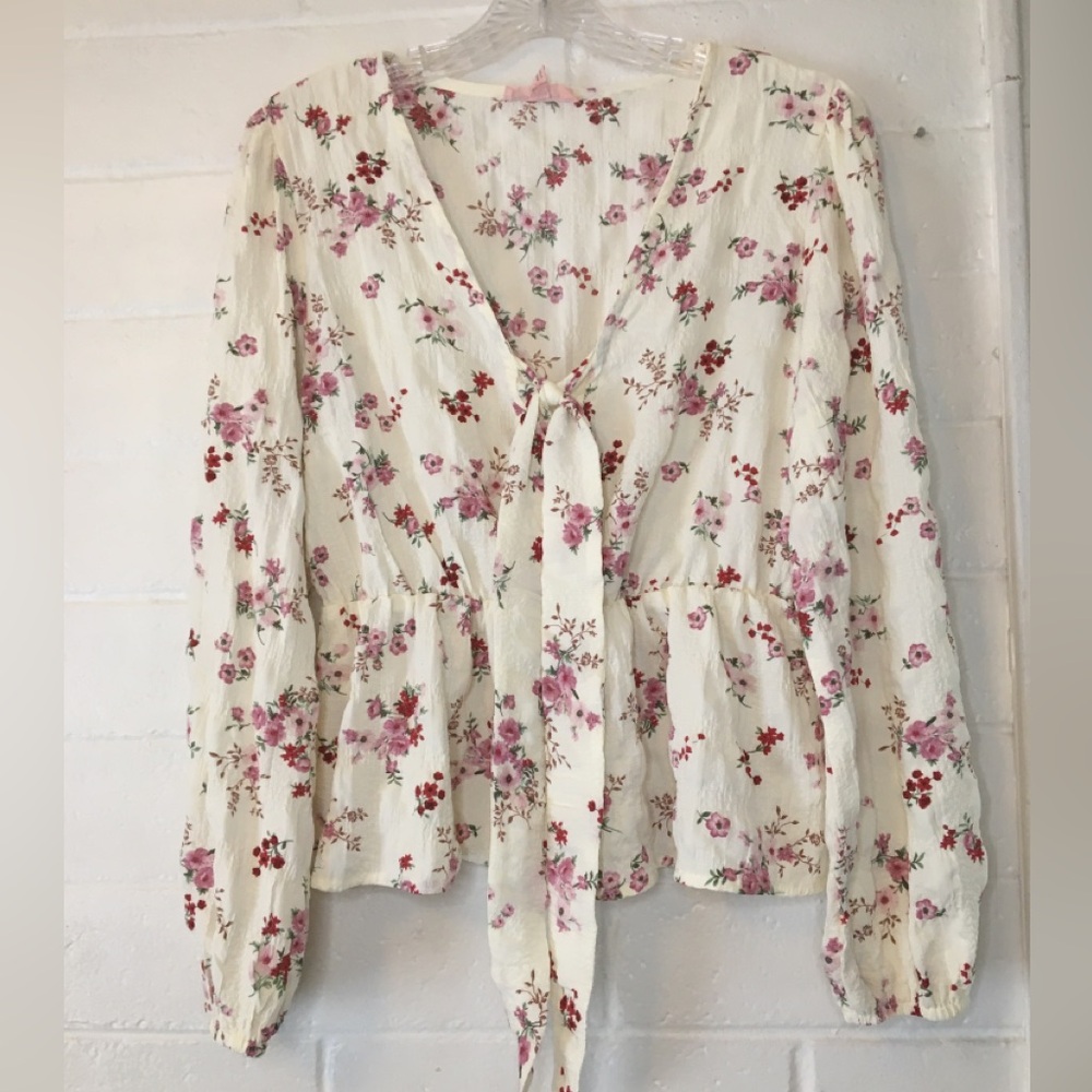 Floral Tie-Front Blouse - Cream and Pink - Picture 1 of 16